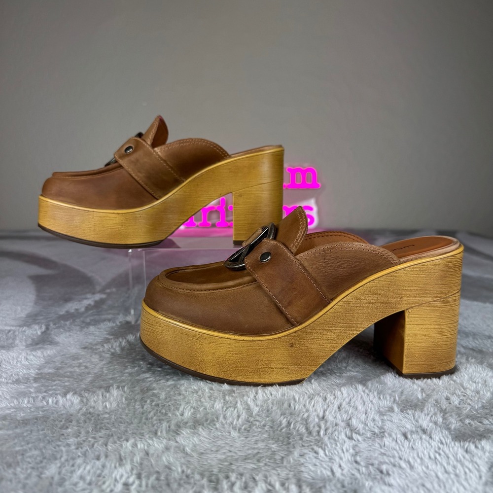 Lucky Brand Aleah Peace Sign Platform Mules Women 6M Brown boho earthy